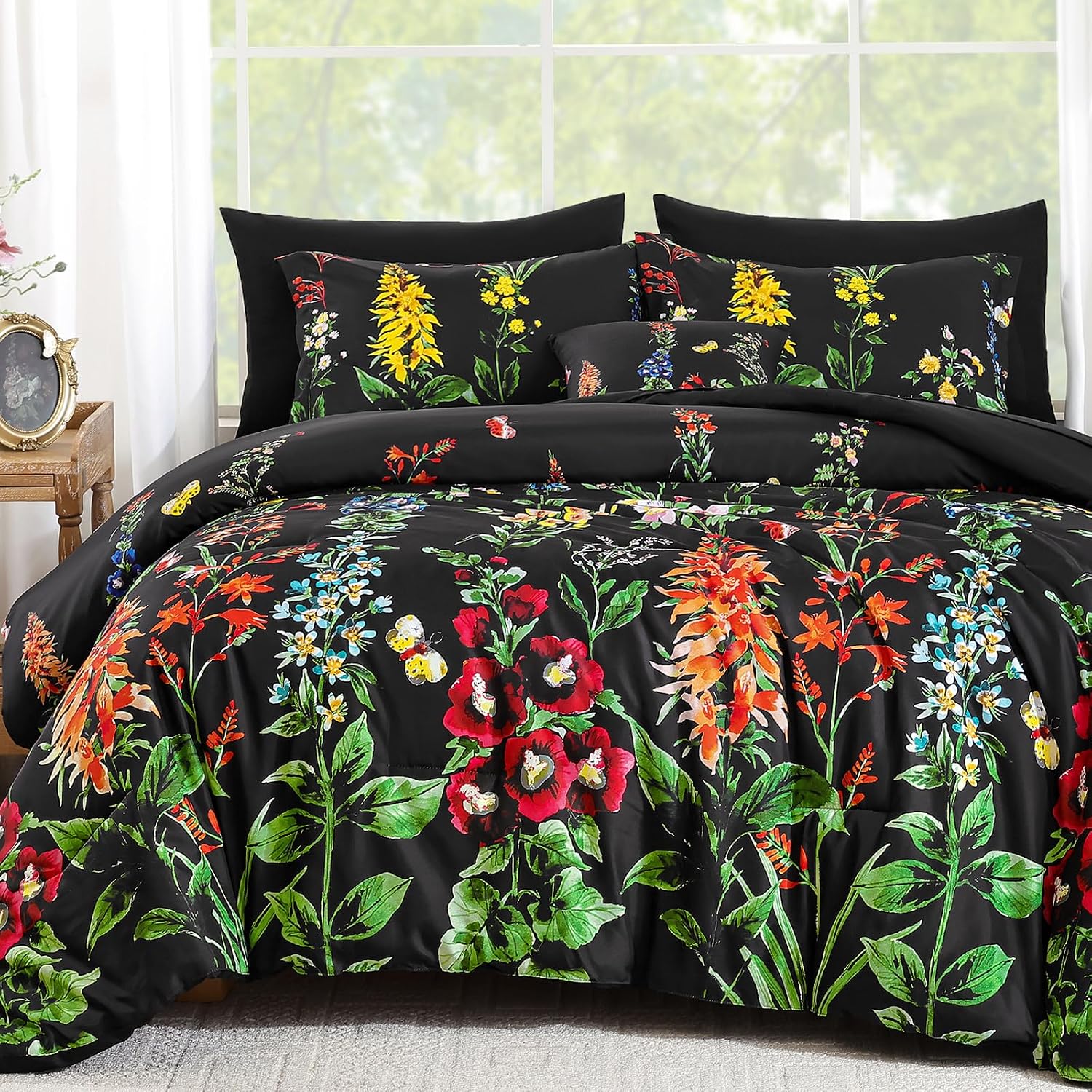 Detalle de WONGS BEDDING Floral Comforter Set Queen Size – 8-Piece Botanical Reversible Bedding