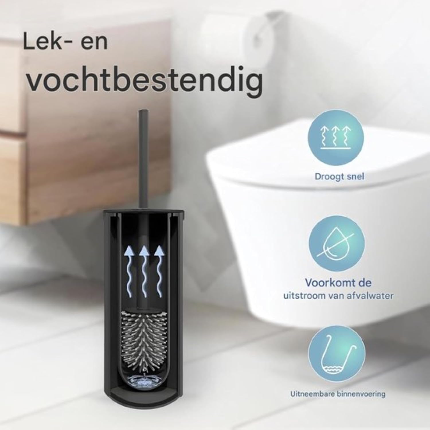 Thumbnail 6 de DITI toiletborstel met houder en 2 borstelkoppen, RVS en zwart silicone