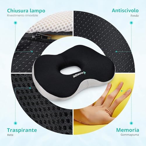 Detalle de Feagar Cuscino Ortopedico a Ciambella per Sedile (H12) – Supporto e Comfort per Emorroidi, Coccige e Schiena