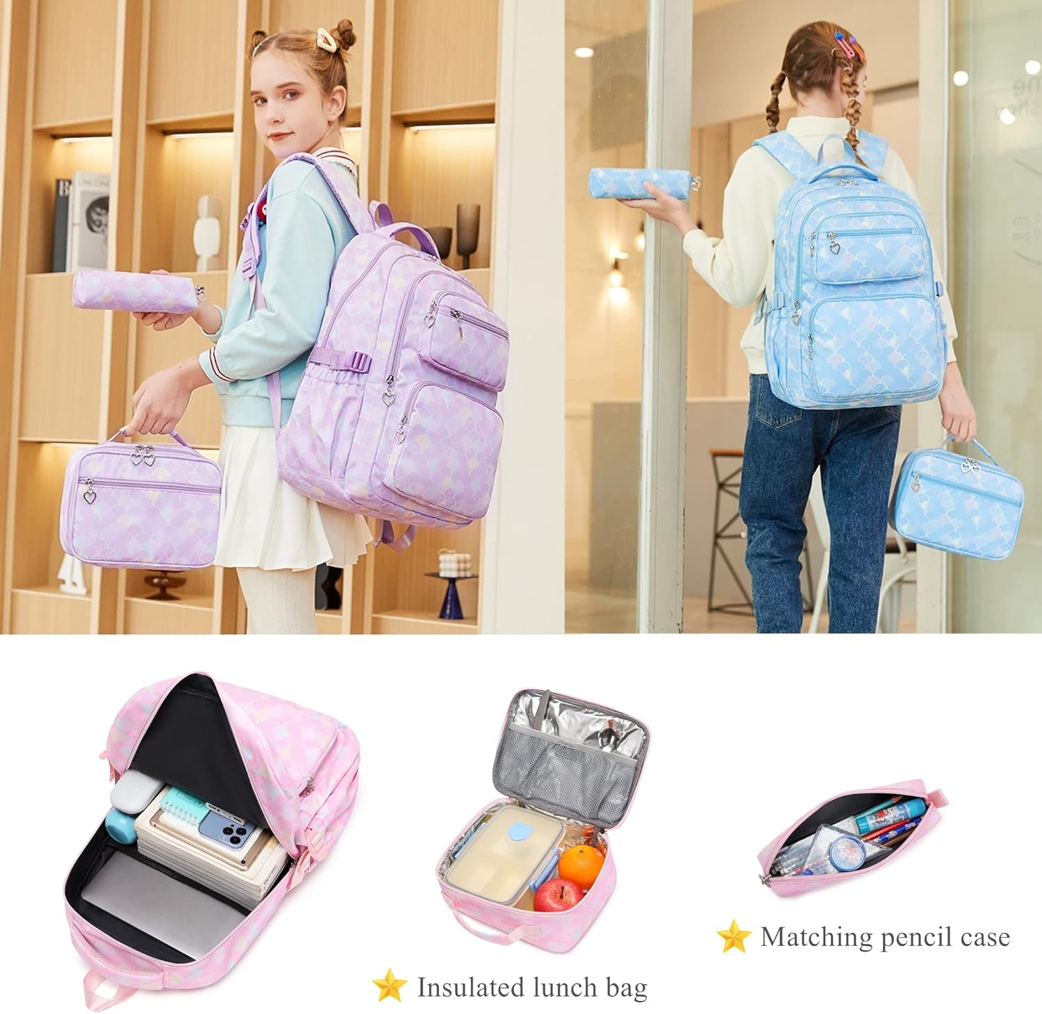 Thumbnail 1 de 3Pcs Mermaid Scale Backpack Set for Girls with Lunchbox & Pencil Case