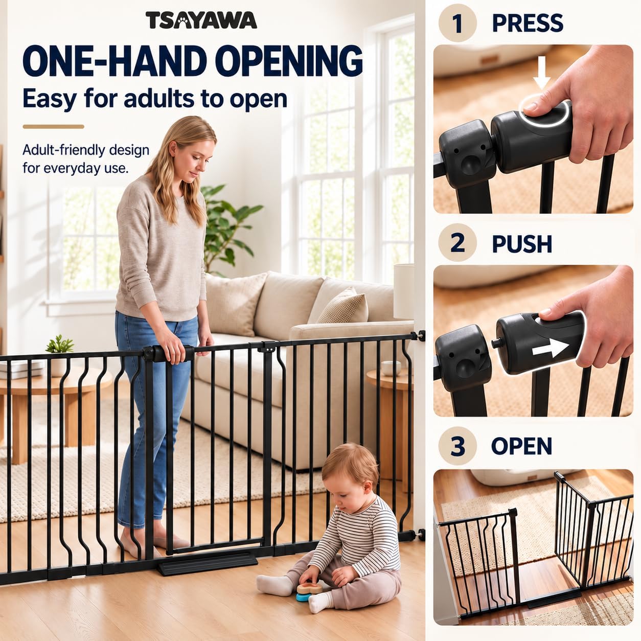 Detalle de TSAYAWA Black Extra-Wide Walk-Through Baby Gate, 71.65–85.82-Inch Pressure Mount