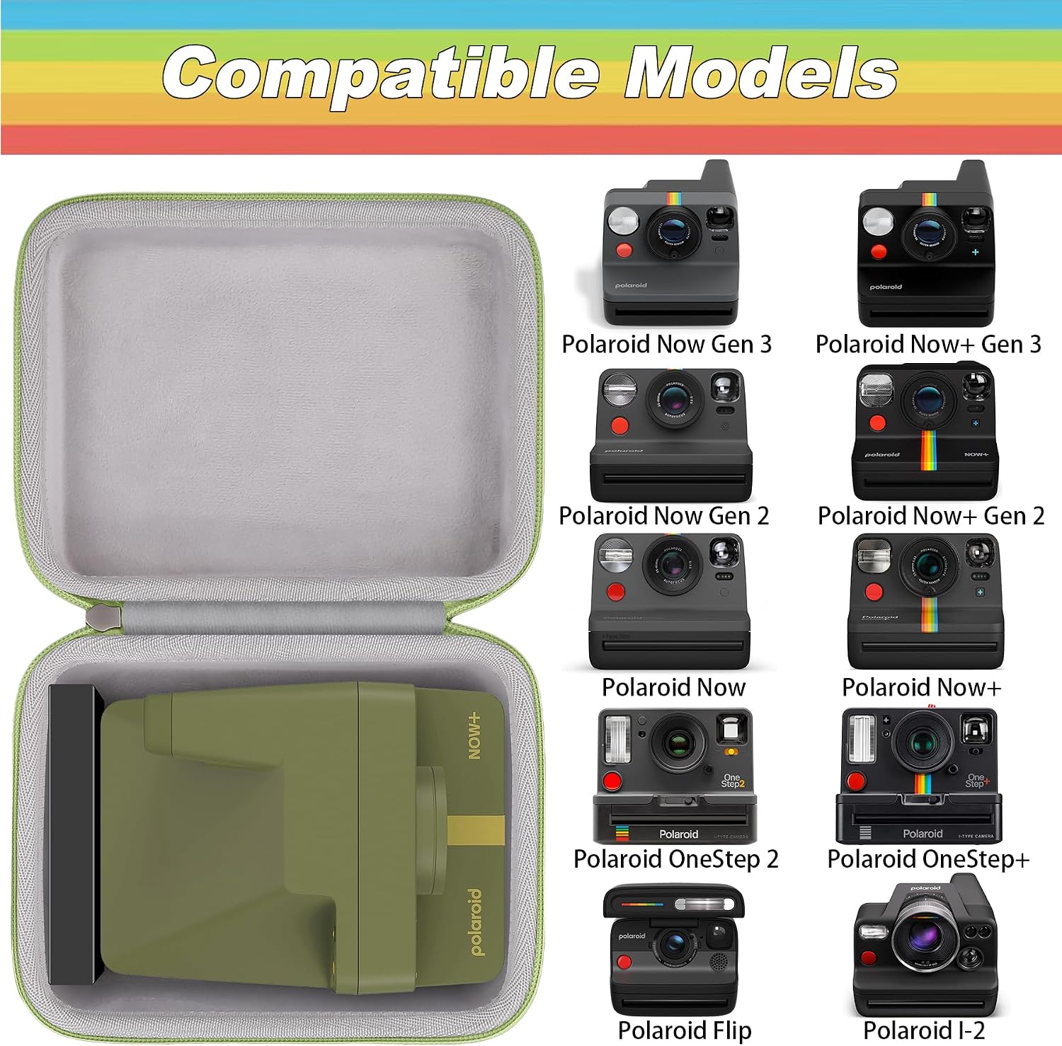 Thumbnail 6 de Khanka Protective Hard Case for Polaroid Now Series and OneStep Cameras (Green Zipper)
