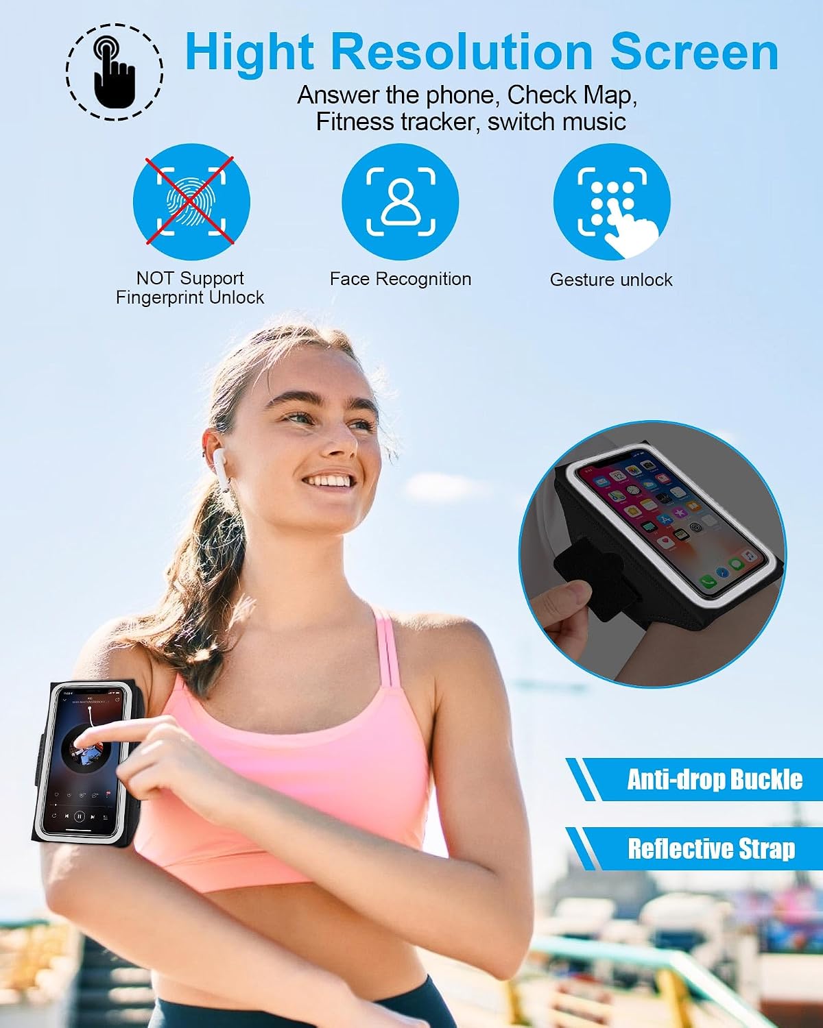 Detalle de Razobws Running Armband Phone Holder with Airpods Zipper Pocket for Up to 6.9" Phones