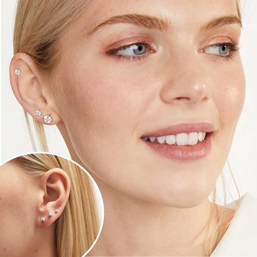 Detalle de RANKEEF Sterling Silver Stud Earrings Set for Women – Hypoallergenic S925 with Cubic Zirconia