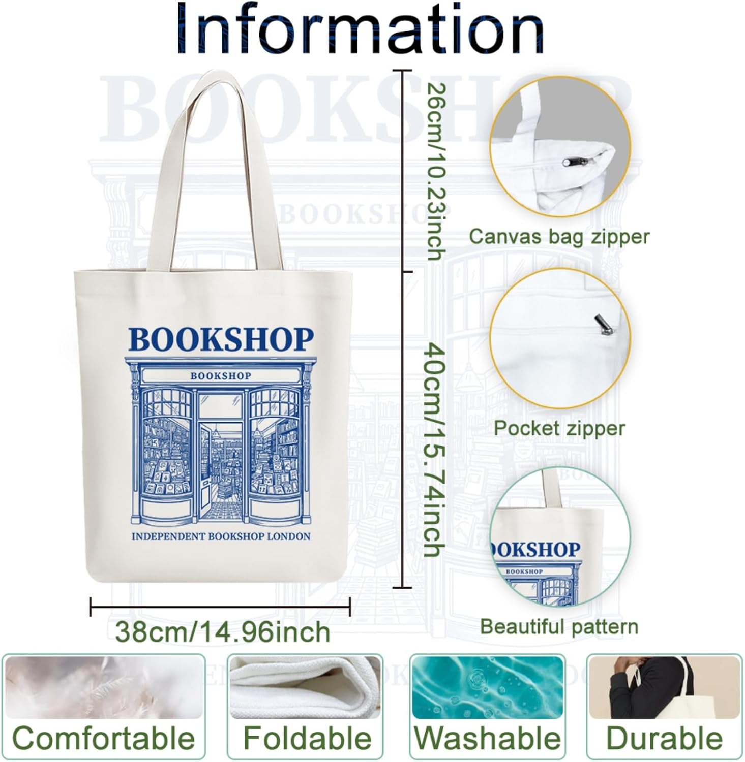 Detalle de ANATTASOUL Canvas Tote Bag London Bookshop – Durable Reusable Tote for Everyday Use