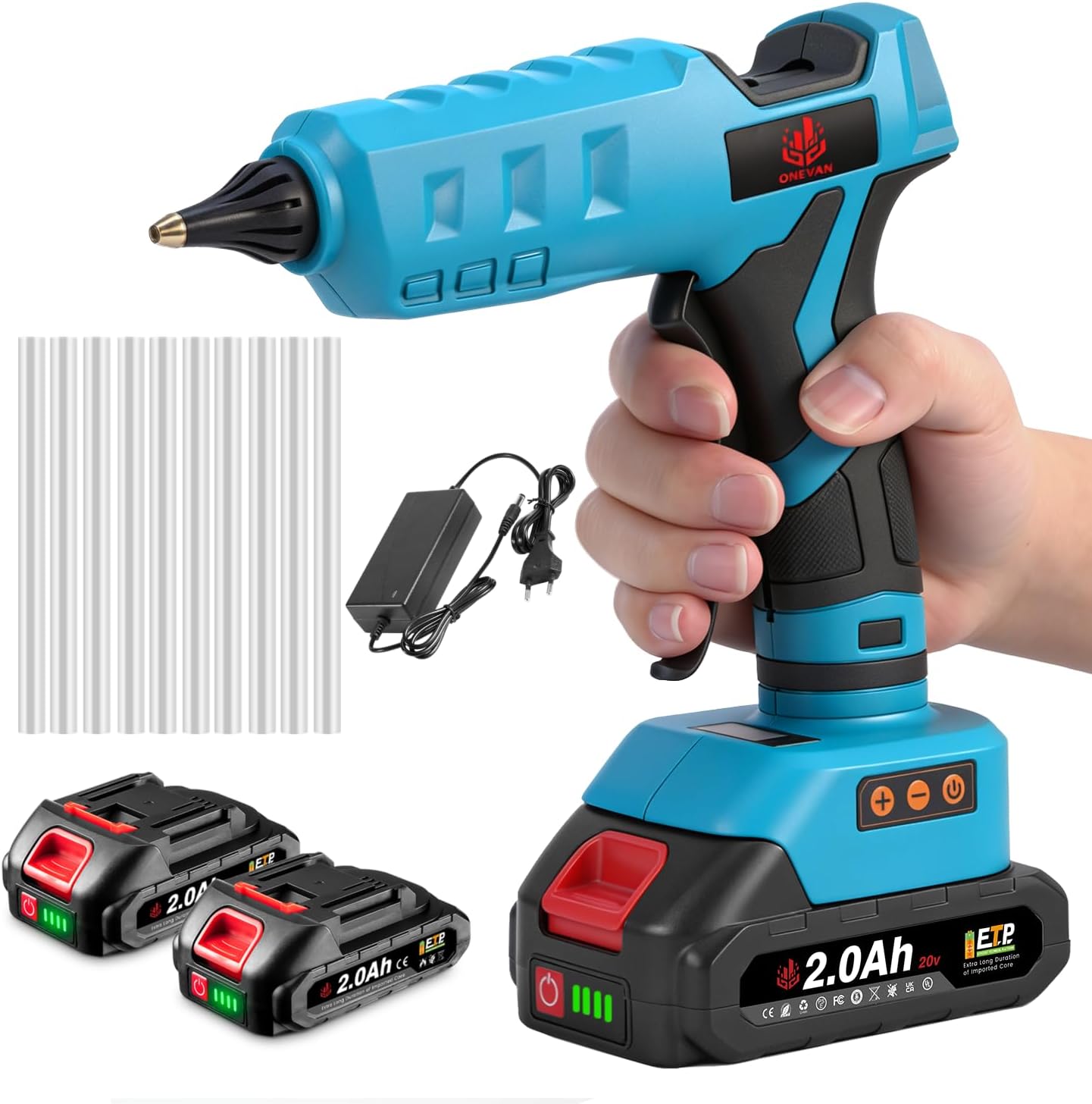 Detalle de ONEVAN Pistola per colla calda senza fili in silicone con 2x 2000mAh, 100–200°C, ricarica rapida e display LCD