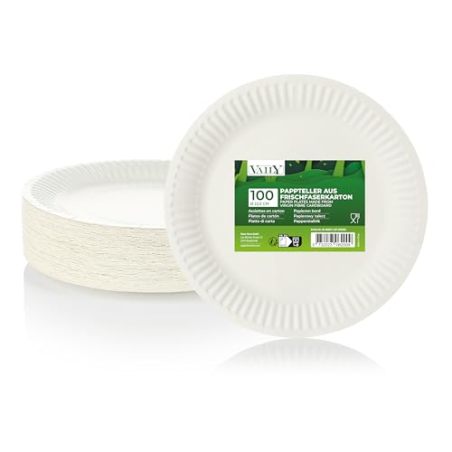 Vaily Pappteller rund 22,5 cm – 100er Pack, weiß, umweltfreundlich, robust und beschichtet