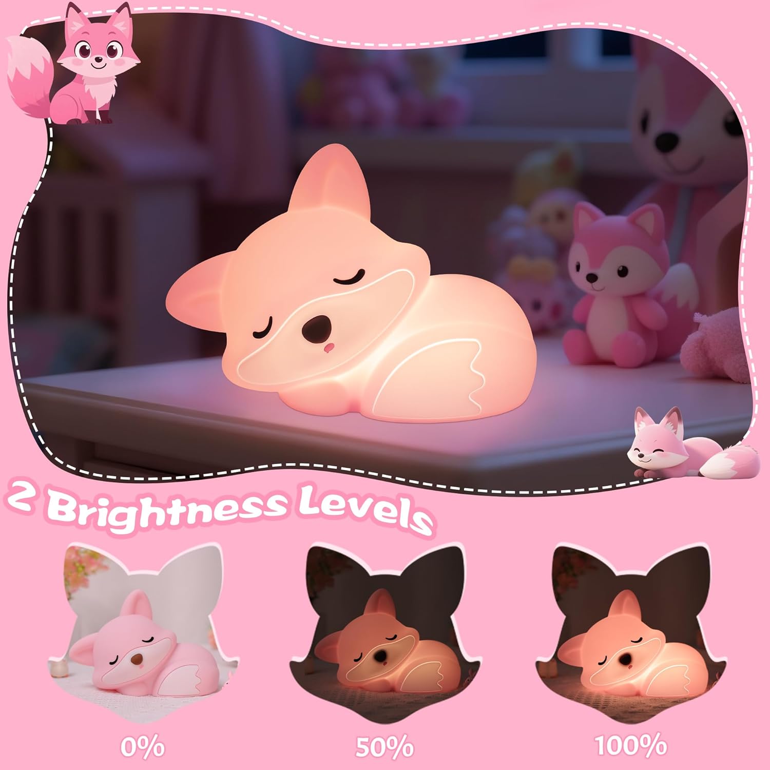 Thumbnail 1 de YuanDian Fuchs-Nachtlicht für Mädchen – weiche rosa Silikonlampe mit Touch, Timer und Akku