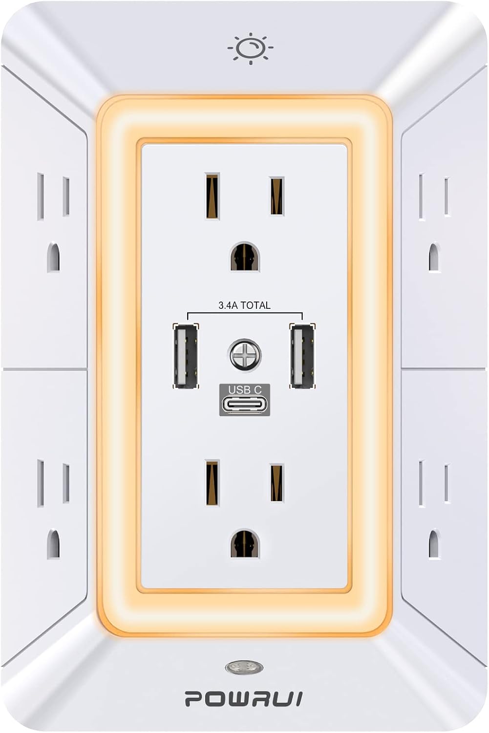 Detalle de POWRUI AHR-508 3-Sided Outlet Extender with Surge Protection, USB-C & Night Light