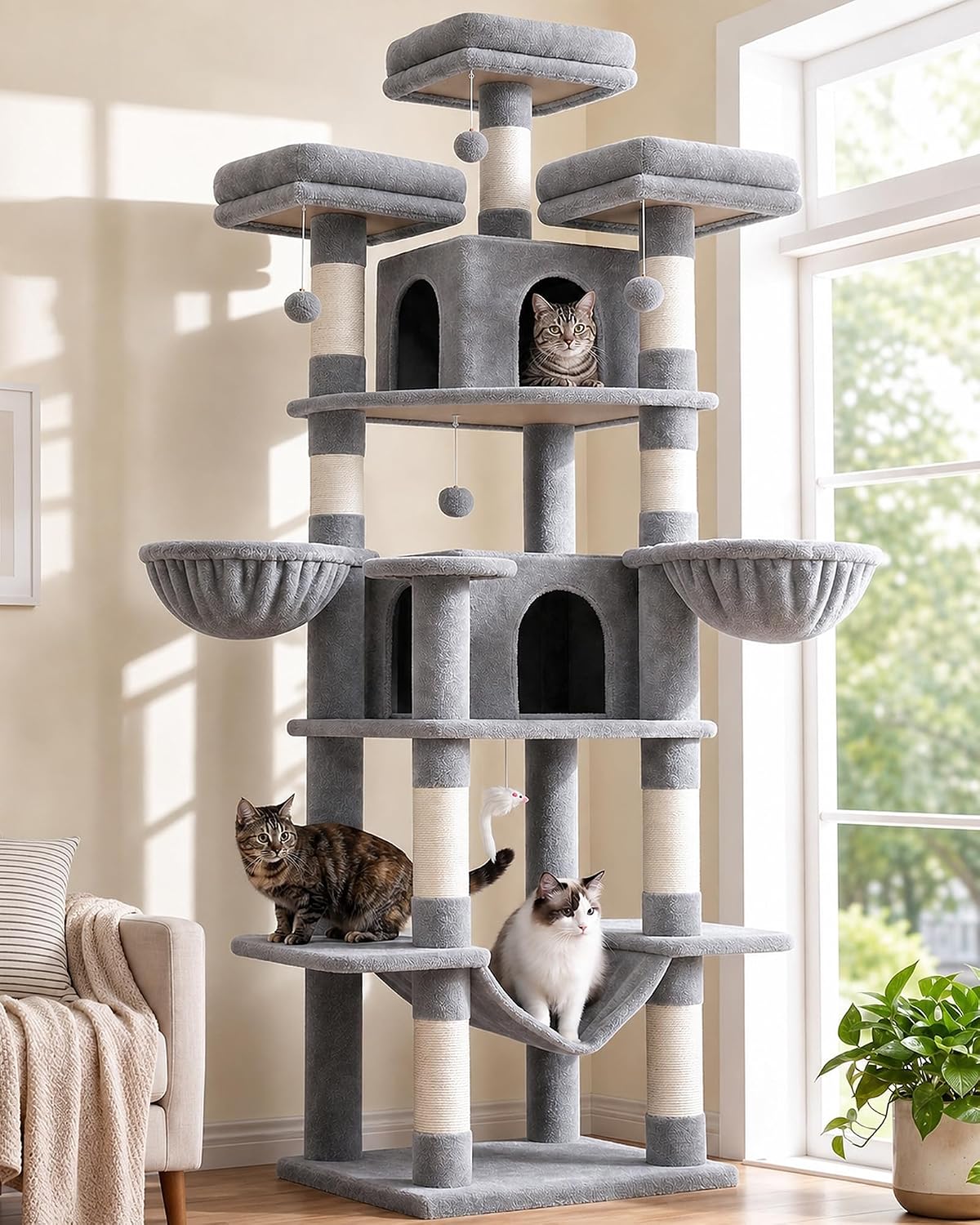 Detalle de Globlazer F80 XXL Cat Tower, Light Grey, with 3 Perches, 2 Condos and Sisal Posts