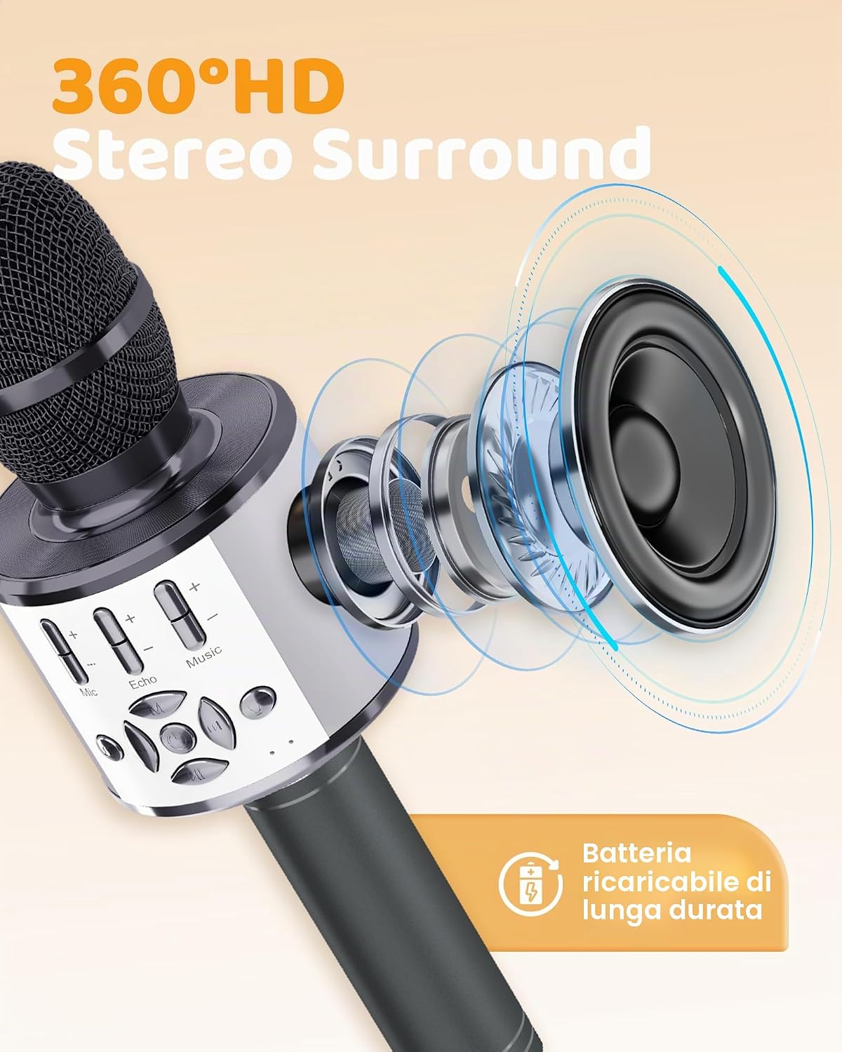 Detalle de BONAOK Microfono Karaoke cambia voce con luci e suoni per adulti, compatibile con iOS e Android (Grigio siderale)