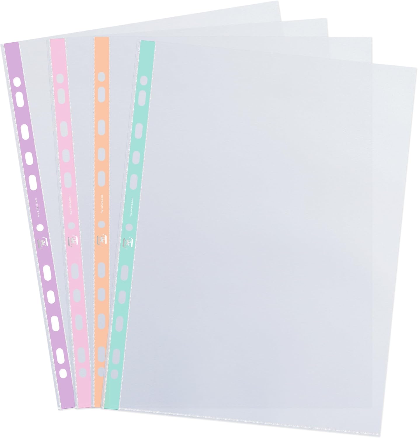 Detalle de Oxford 60 Pochettes Plastiques A4 Perforées Lisses – 5/100e, pastel assortis, perforations 11 trous, fabriqué en France