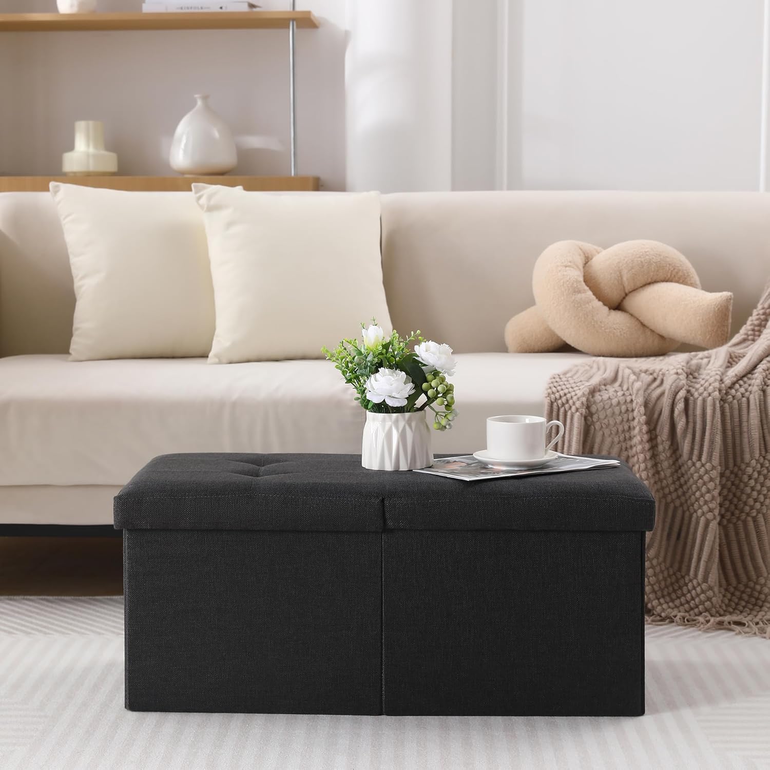 Thumbnail 6 de CUYOCA Storage Ottoman Bench: Foldable Seat, 75L Storage, Linen Sandy Beige