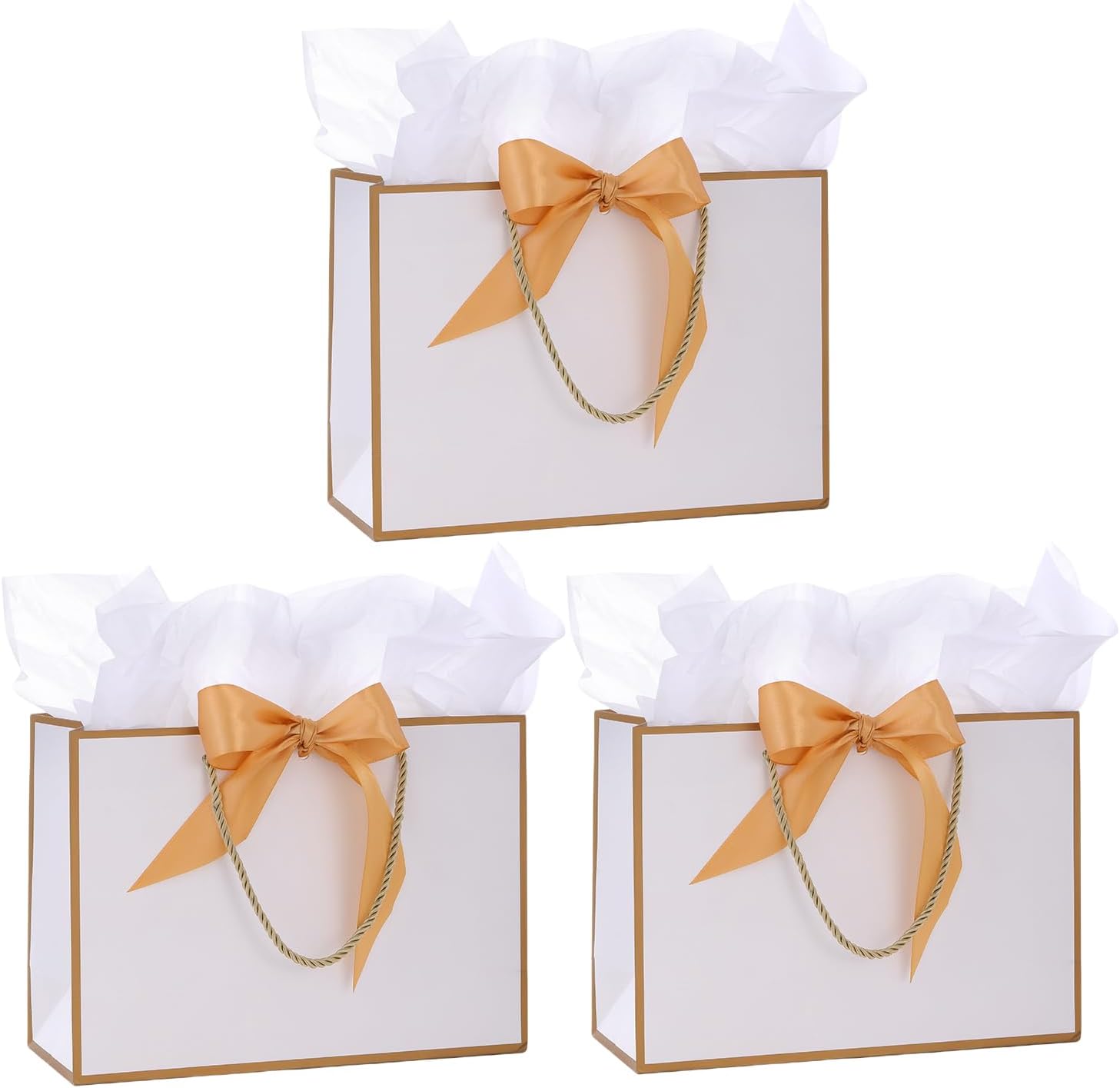 Detalle de Medium Gift Bags with Tissue Paper and Gift Cards (3 Pack) – White with Gold Trim