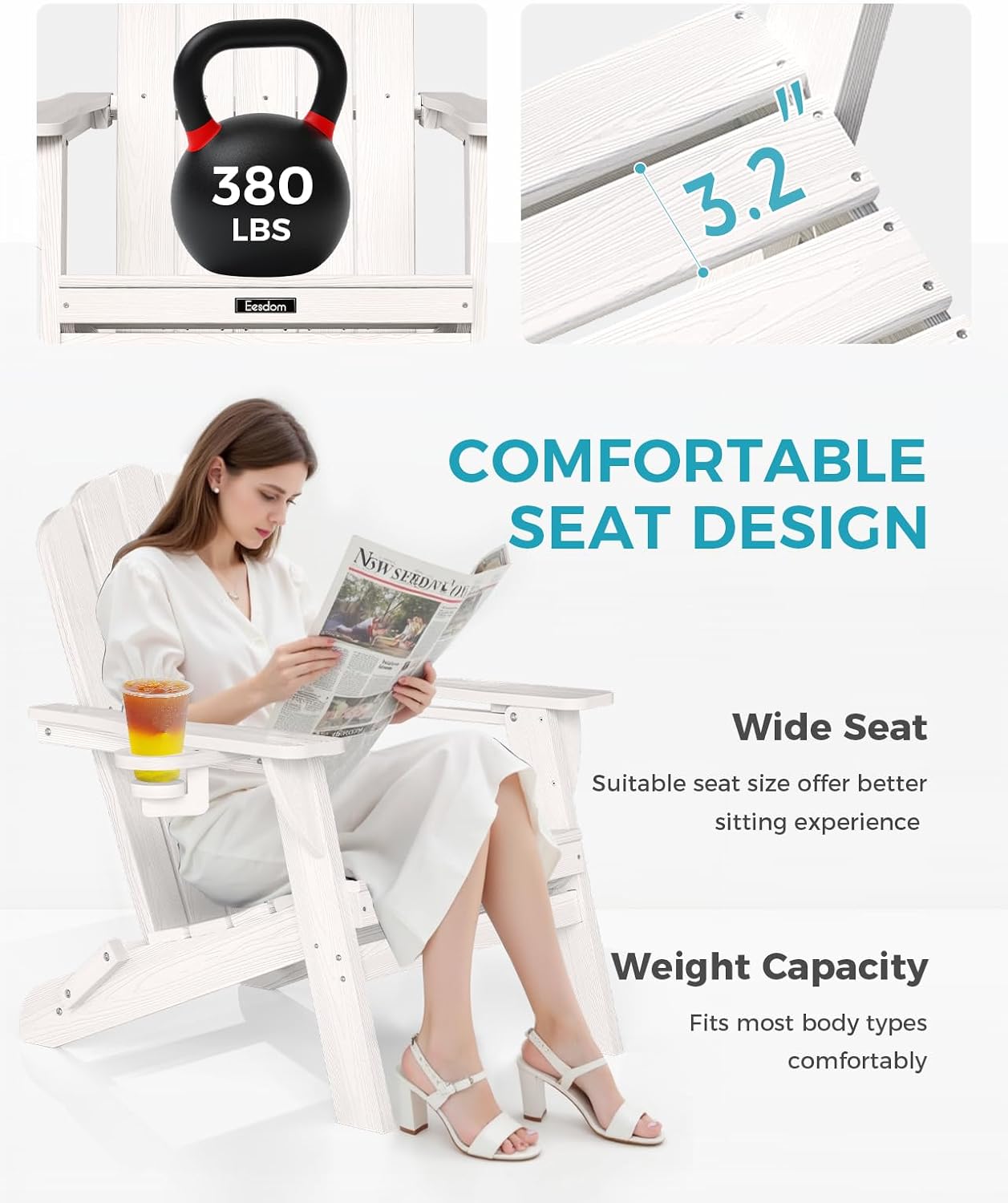 Detalle 2 de Eesdom Folding Adirondack Chair, White Wood-Grain Finish, 2 Cup Holders