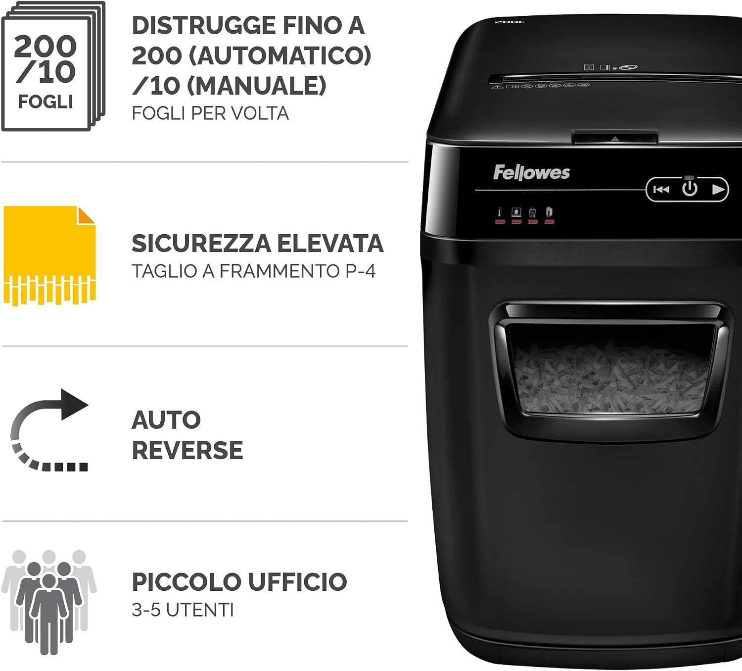 Detalle 2 de Fellowes Distruggi Documenti Automatico a Frammento 200C: 200 fogli, Ultra Silenzioso per Piccolo Ufficio