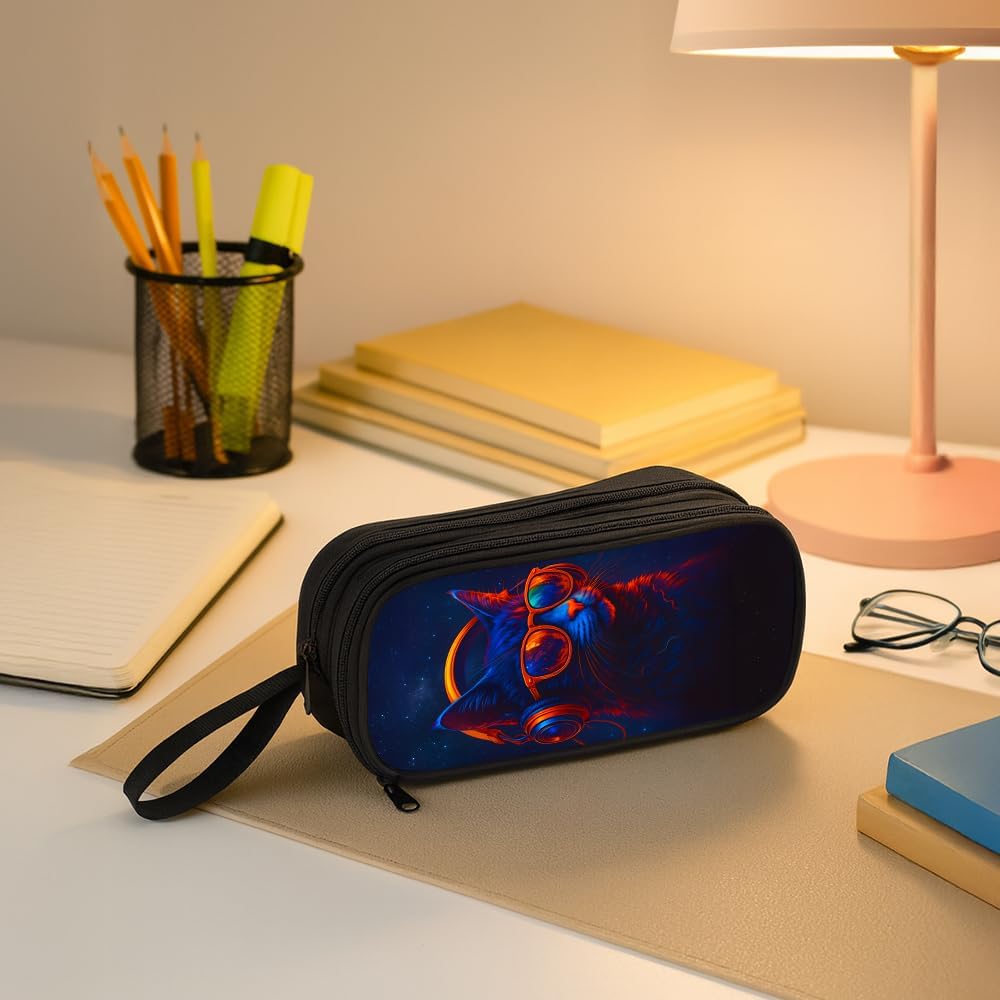 Detalle 1 de HiMagics Cute Cat Pencil Pouch, Double-Layer Organizer with Mesh Pockets