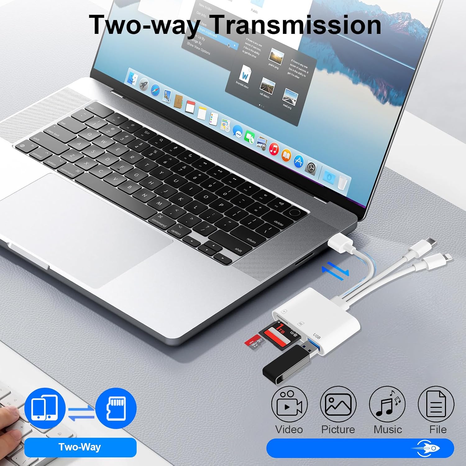 Detalle 2 de Dalimee 3-Port SD Card Reader with Lightning, USB-C and USB-A – for SD, microSD and USB devices