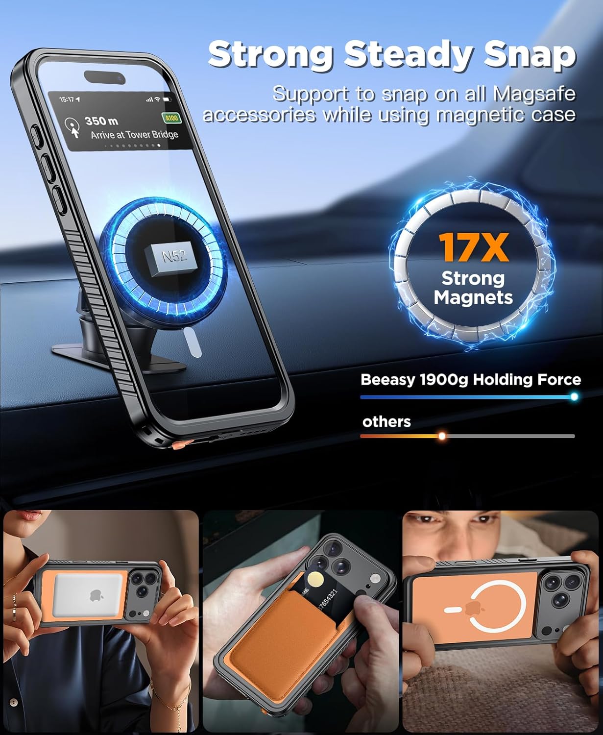 Detalle de Beeasy Waterproof MagSafe Case for iPhone 17 Pro Max (6.9”) with Built-in Screen & Camera Protectors