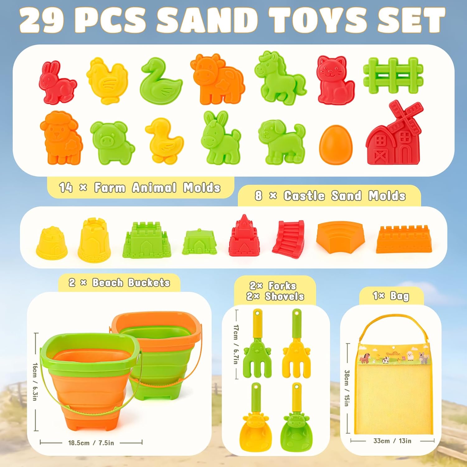 Thumbnail 1 de Giochi da Spiaggia Bambini 29 PCS Tema Fattoria – Set Sabbia con Secchielli Pieghevoli, Stampini Animali e Castello