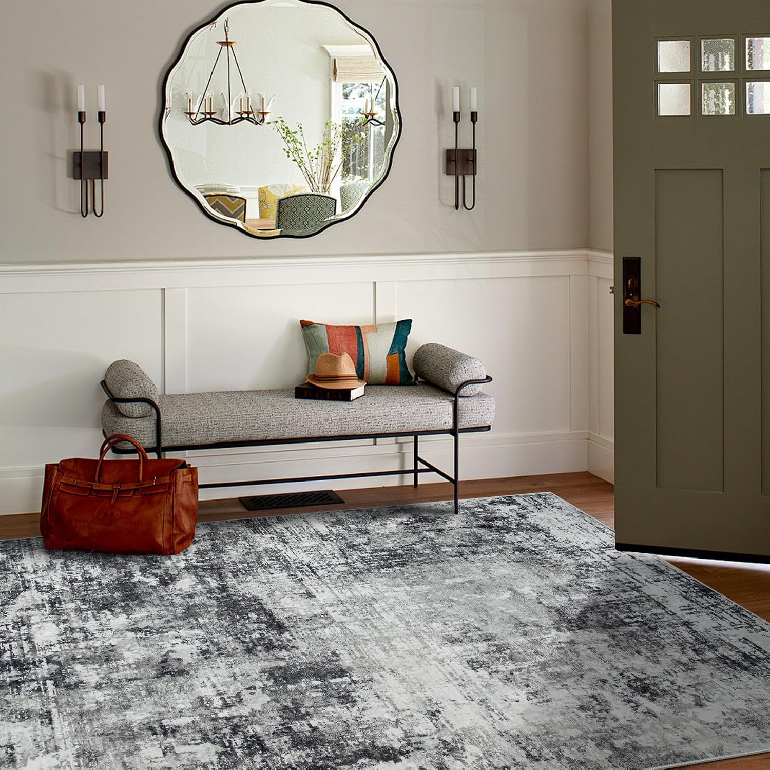 Detalle de Aelenmu 6' x 9' Washable Area Rug, Black and Gray Abstract Polyester