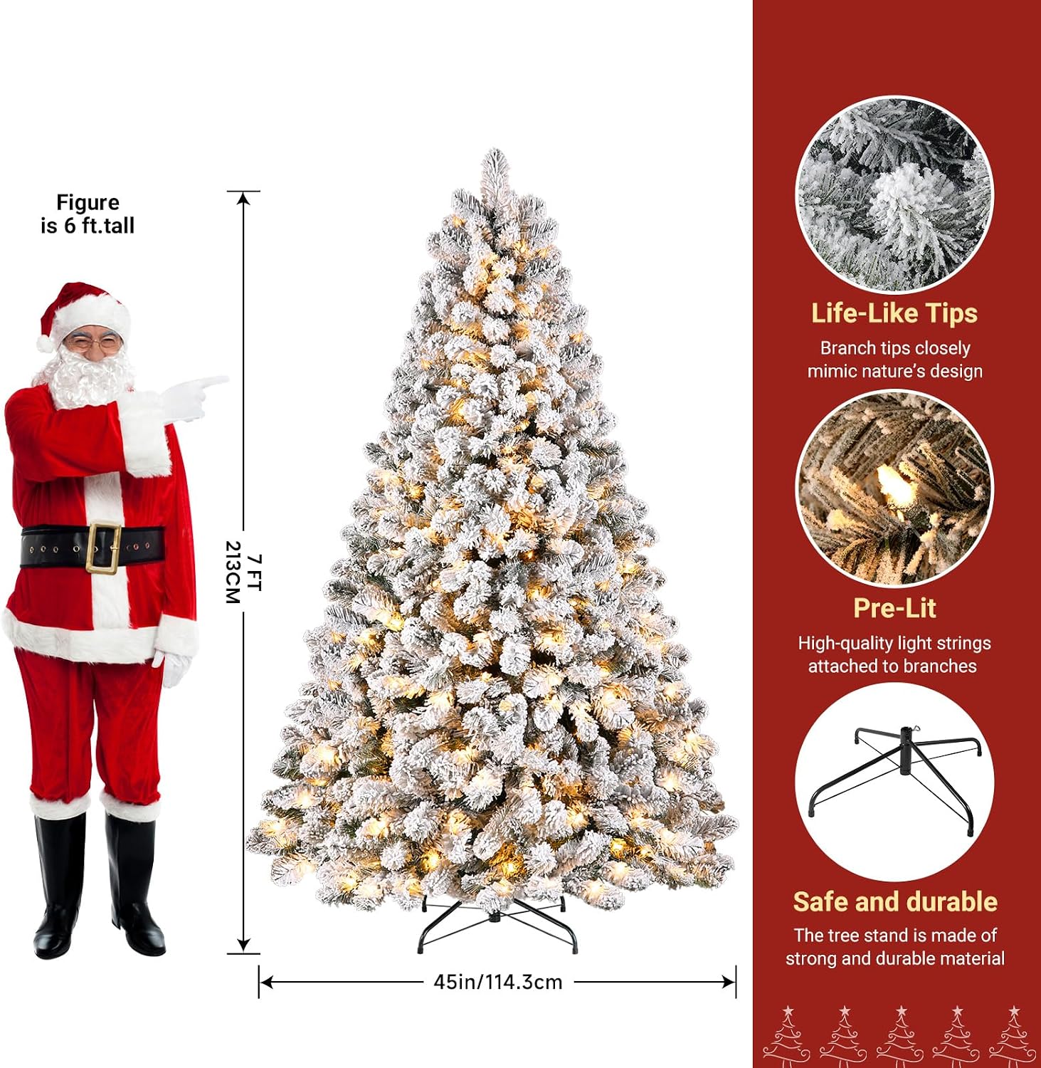 Detalle 2 de SHareconn 7 ft Snow-Flocked Pre-Lit Artificial Christmas Tree, 300 Warm White Lights