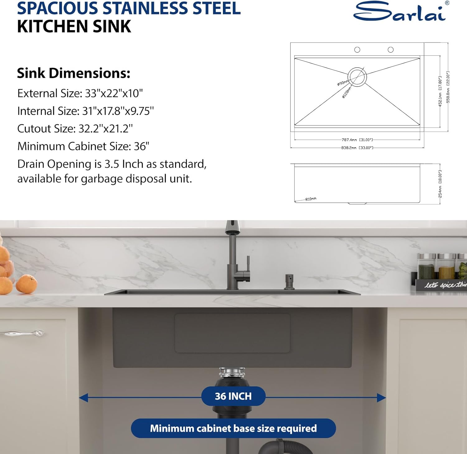 Thumbnail 6 de Sarlai 33 Black Kitchen Sink with Faucet – 33x22 Inch Drop-In, Gunmetal Black, 16-Gauge Stainless Steel, Workstation with Pull-Out Faucet