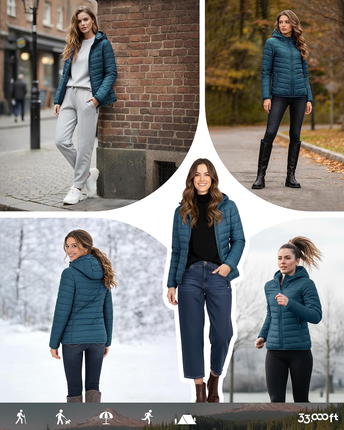 Thumbnail 1 de 33,000ft Women’s Lightweight Puffer Jacket with Hood – Water Repellent, Packable Quilted Coat