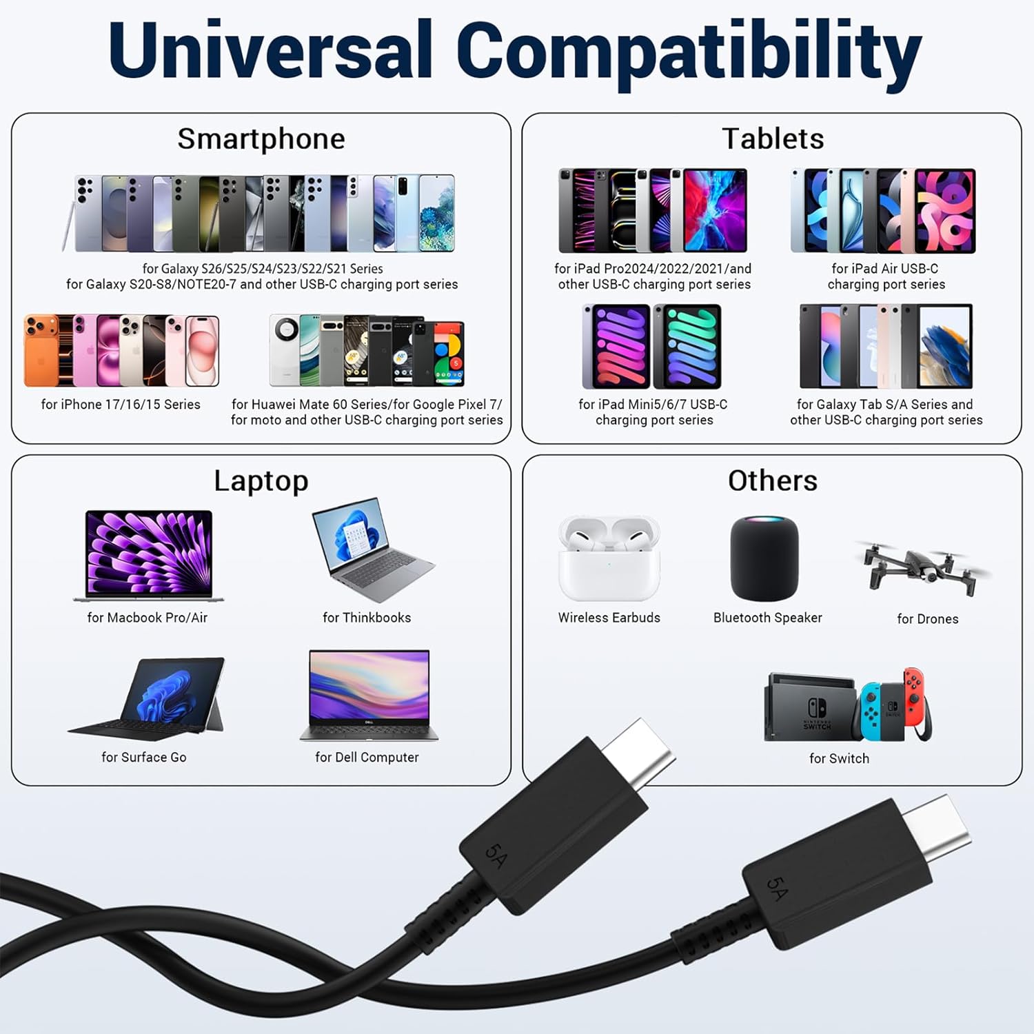 Thumbnail 6 de 2Pack 10FT 100W USB-C to USB-C Charging Cables for Samsung Galaxy and More