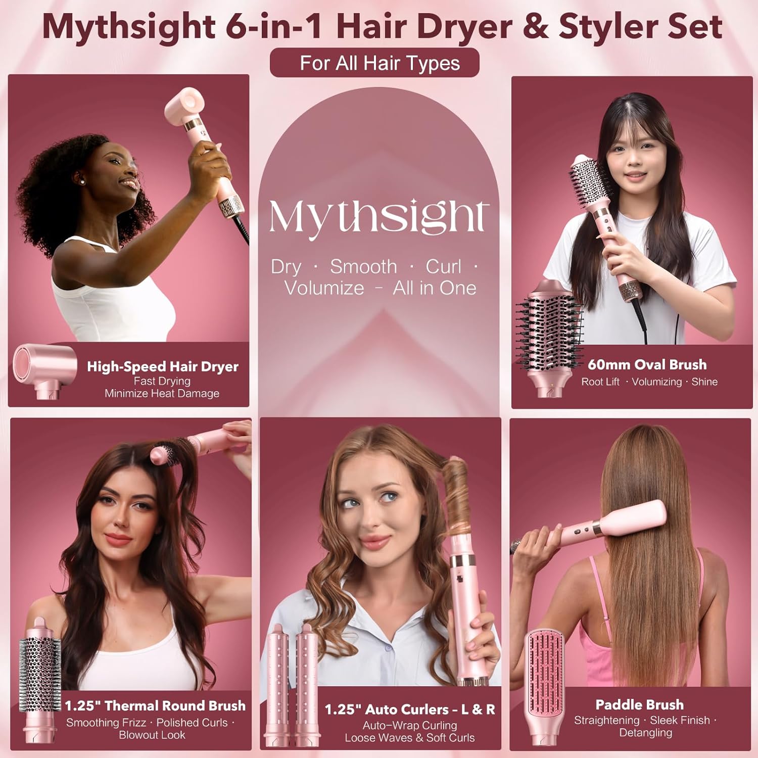 Detalle 2 de Mythsight StyleVibe 6-in-1 Air Styler: All-in-One Hair Dryer, Blowout & Curl Tool
