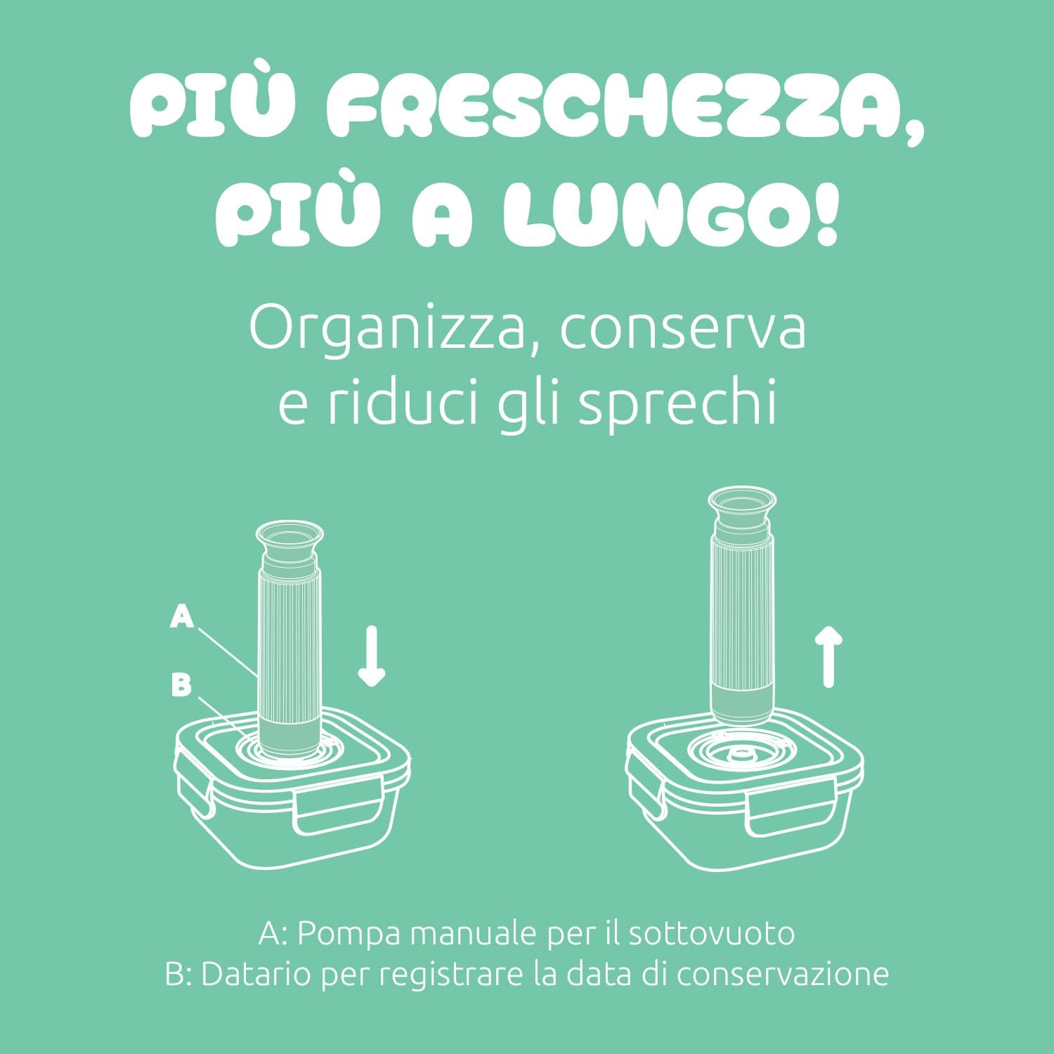 Detalle de Set di 3 contenitori sottovuoto in vetro con datario e coperchio ermetico + pompa manuale