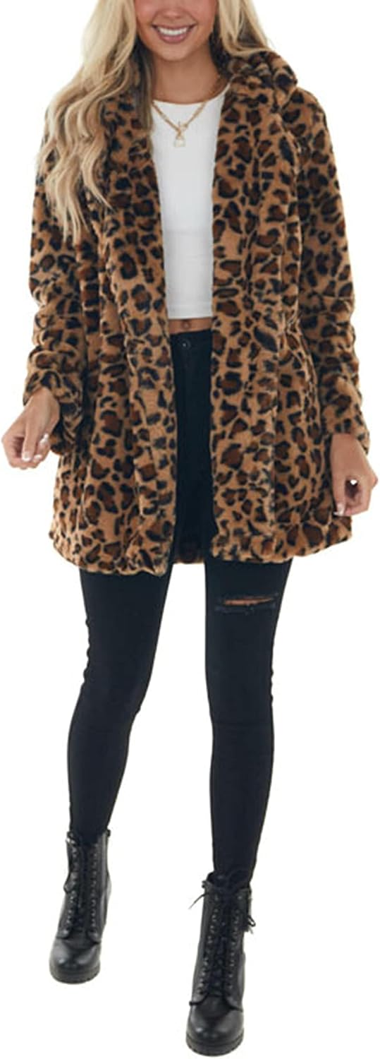 Detalle de Omoone Women's Leopard Faux Fur Coat, Open Front, Lined, with Pockets