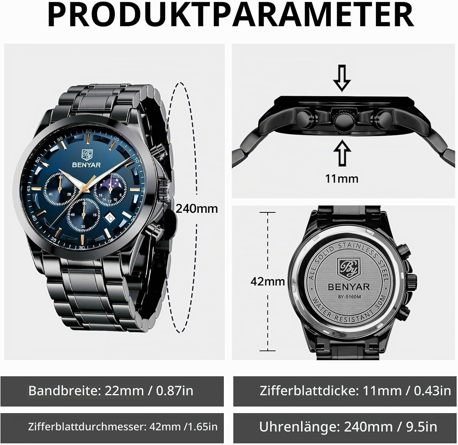 Detalle de BENYAR BY Uhren Herren Chronograph Analog Quarz – Wasserdicht, Datum, Elegante Herrenuhr