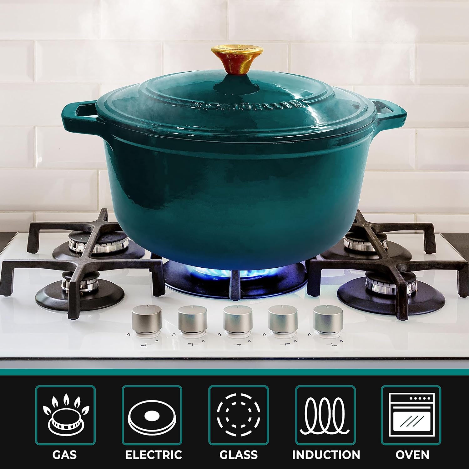 Thumbnail 5 de Mueller DuraCast 6 Quart Enameled Cast Iron Dutch Oven with Lid (Emerald) — 500°F Oven Safe, PFOA-Free
