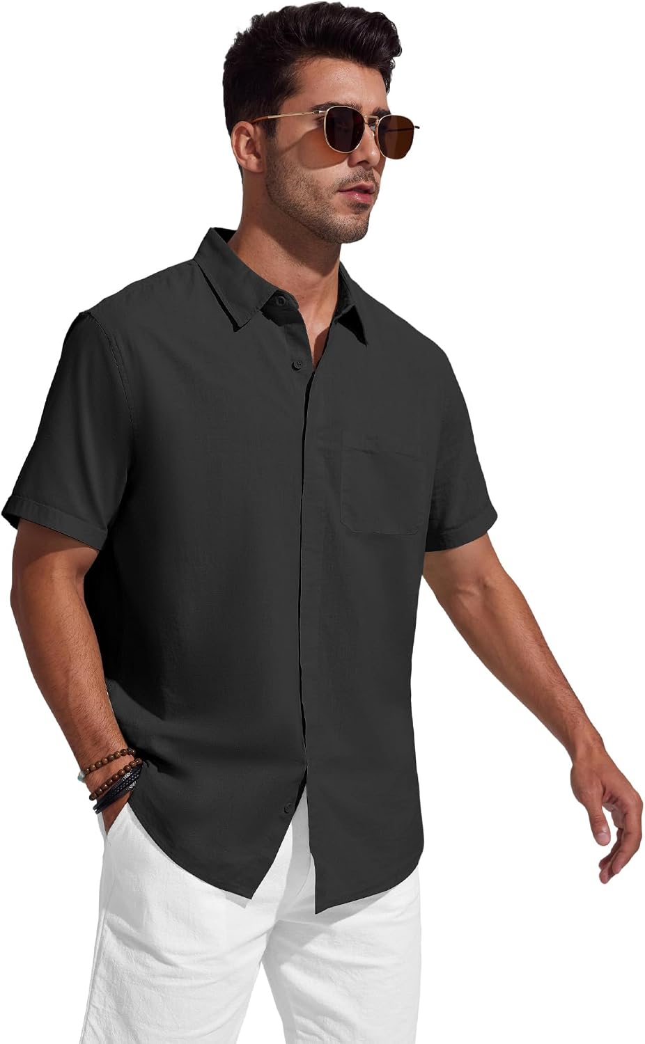 Detalle 2 de Friptspyg Chemise en coton et lin à manches courtes pour homme avec poches et boutons cachés