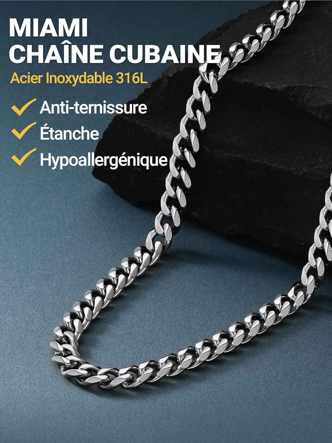 Thumbnail 1 de PROSTEEL Collier homme chaîne cubaine en acier inoxydable / plaqué or, noir mat (6–9–12 mm) — longueurs au choix