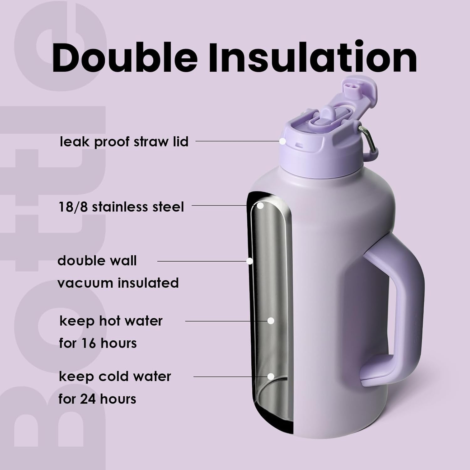 Thumbnail 2 de BOTTLE BOTTLE Isolierte Wasserflasche – doppelter Deckel, Strohhalm, 64 Unzen, Edelstahl – violett