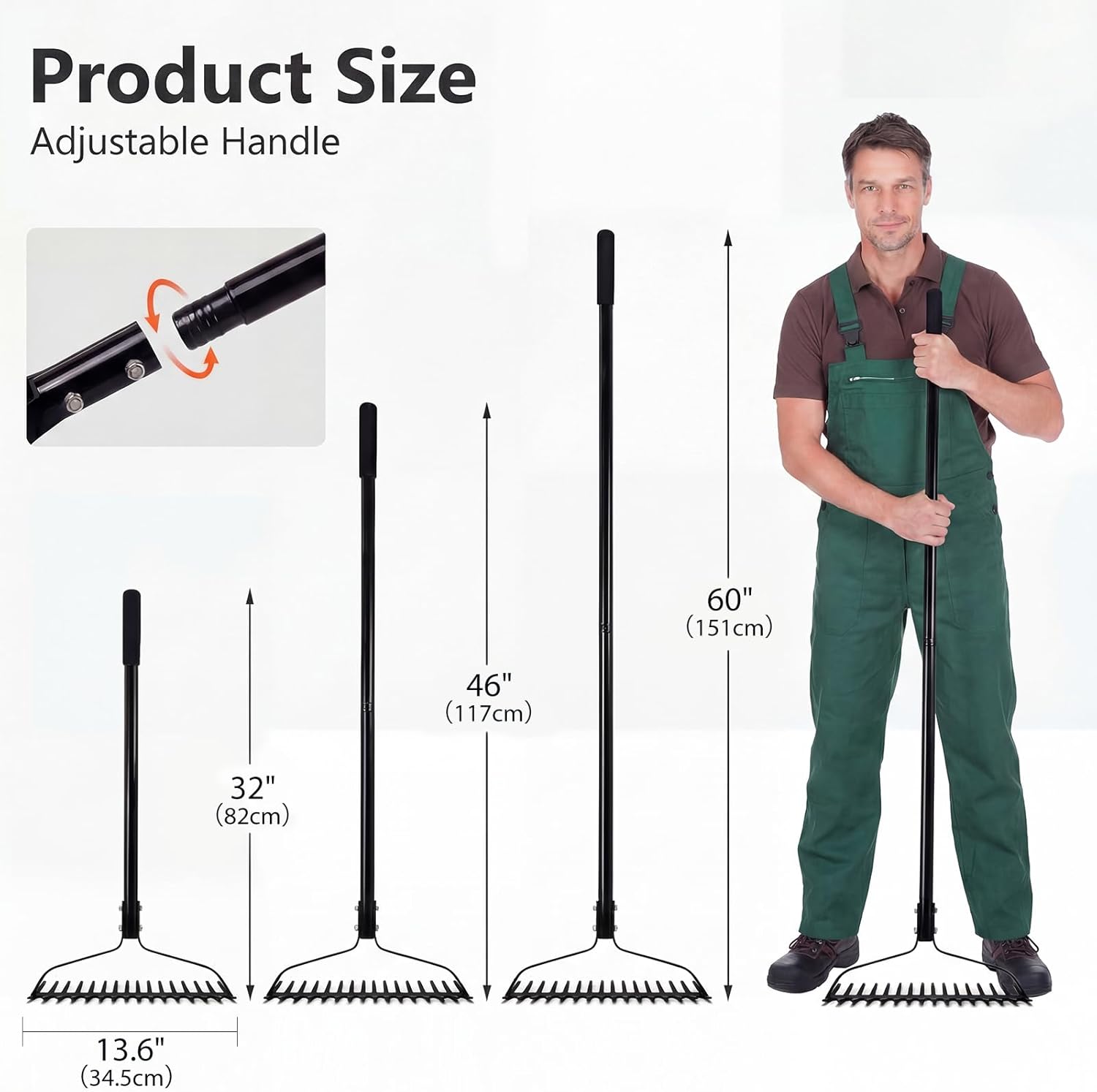 Thumbnail 1 de Fuuwuu 14 Tines Garden Rake Heavy Duty – 65Mn Steel, 145cm Telescopic Handle