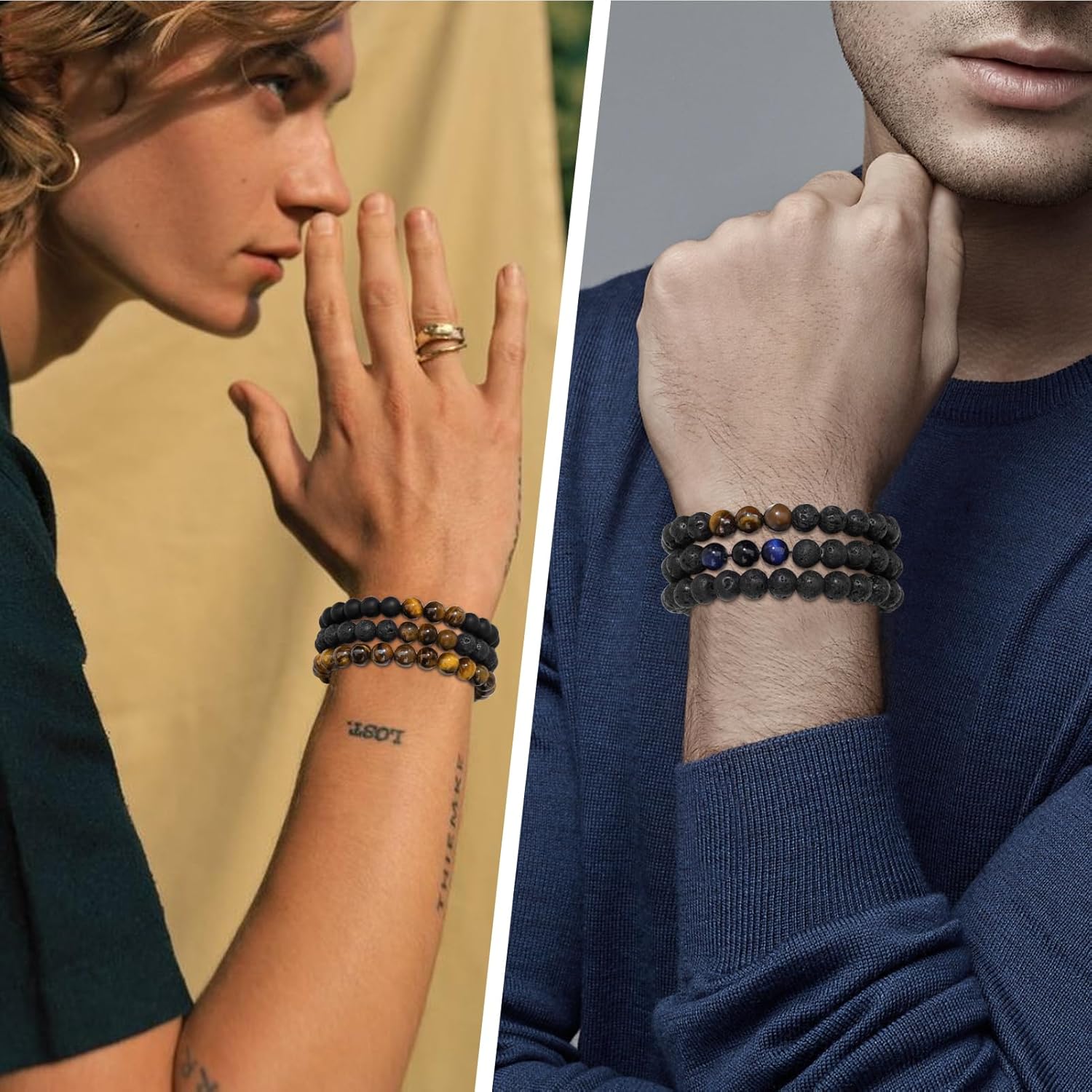 Thumbnail 3 de LOCCY Perlenarmband Herren Set mit 3 Stück (8 mm) – Tigerauge & Lavastein Armreifen im Stretch-Design
