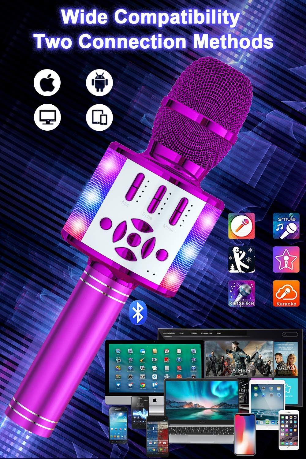 Detalle de BONAOK Kinder Karaoke Mikrofon (4-in-1) mit Bluetooth-Lautsprecher – Magic Sing für Smartphone/PC, lila