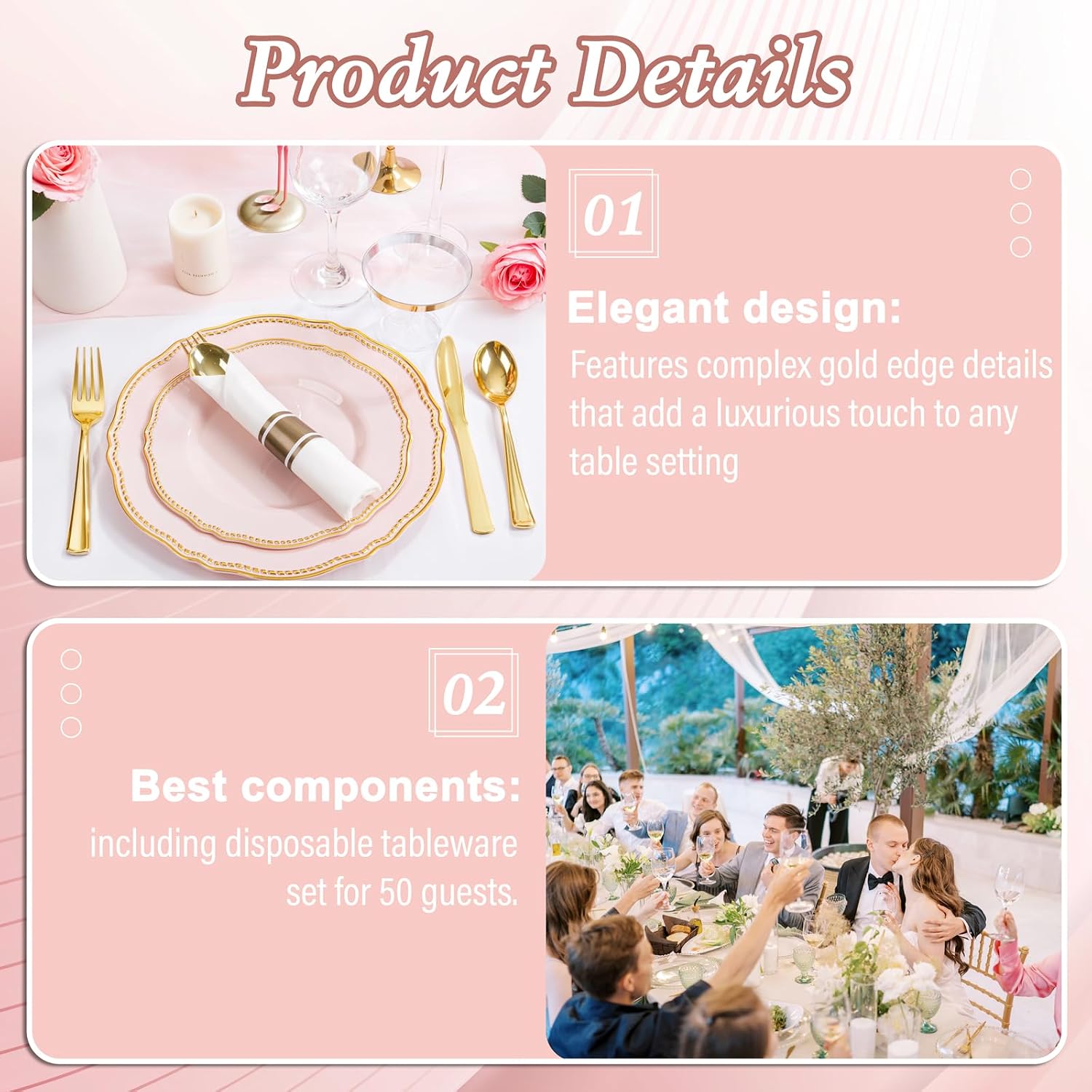Thumbnail 6 de Hioasis 350pcs Pink and Gold Plastic Plates Set – Elegant Disposable Dinnerware for 50 Guests