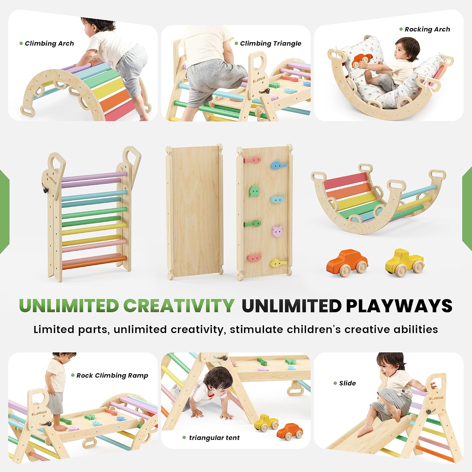 Thumbnail 2 de BlueWood Pikler Triangle Cushioned Set 9‑in‑1 Rainbow