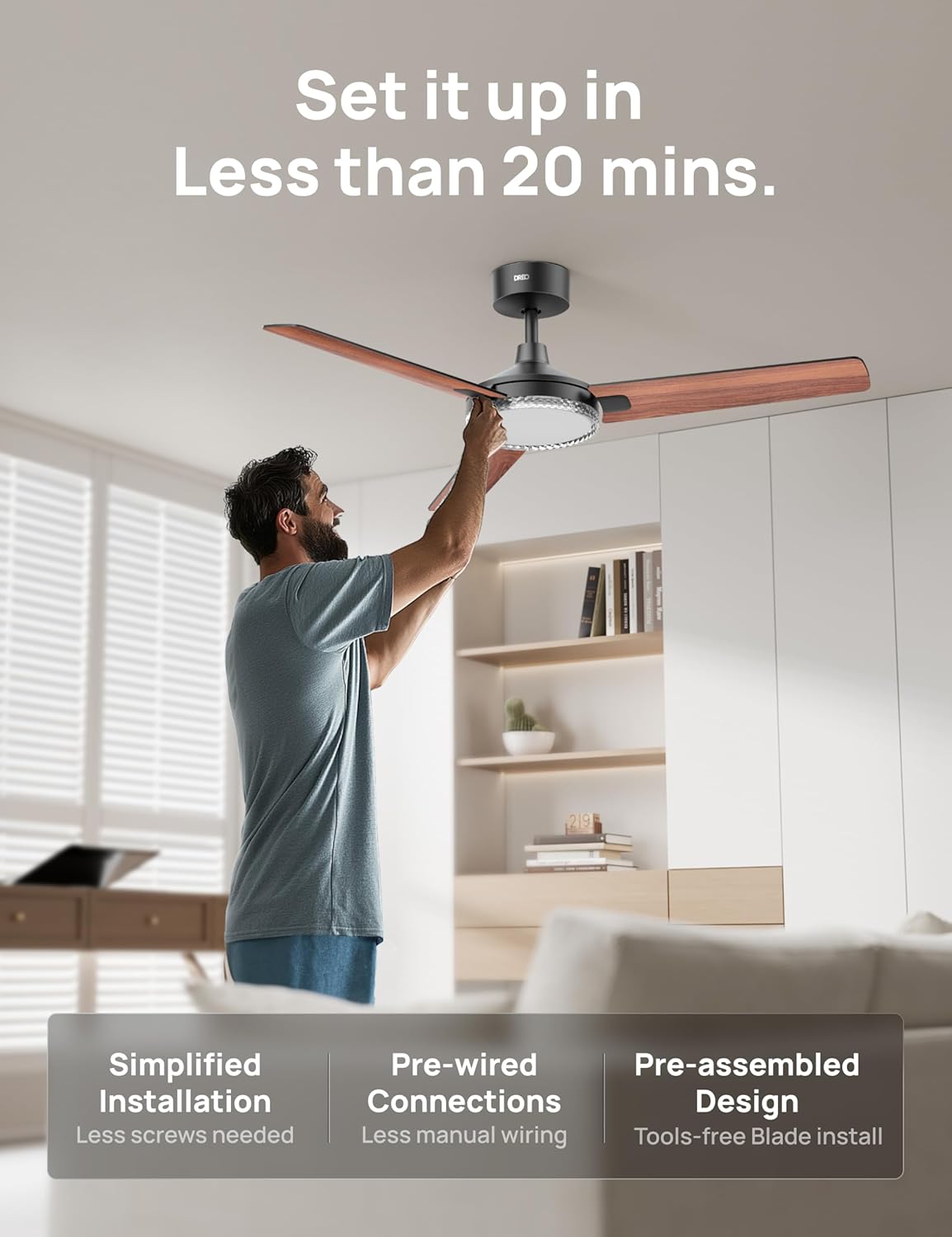 Thumbnail 4 de DREO 52 Inch Smart Ceiling Fan with Lights: Quiet, Colour-Tuned illumination and voice‑control