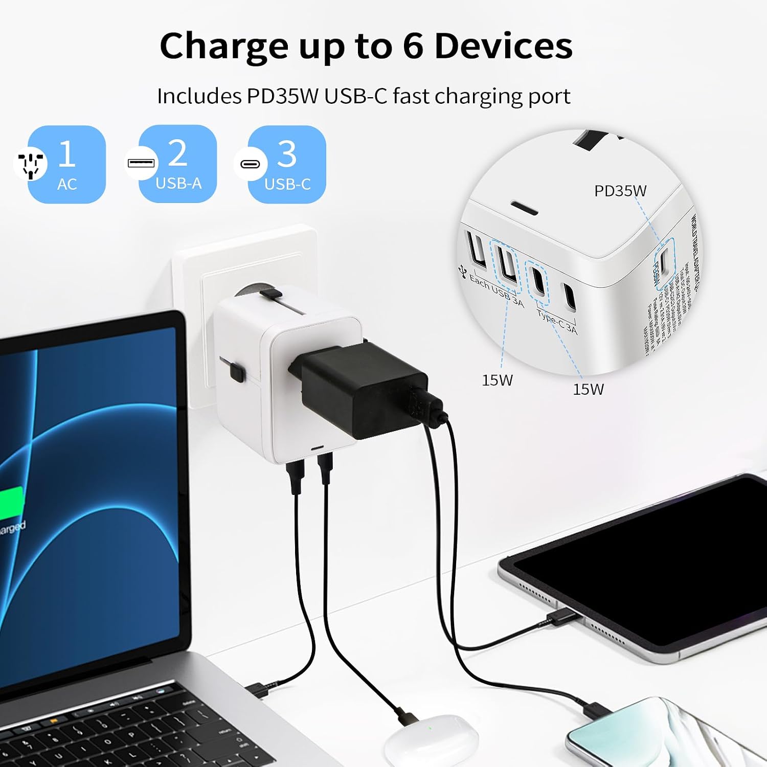Thumbnail 6 de Adattatore Universale da Viaggio 6-in-1 con PD 35W, USB-C e USB-A — 224+ Paesi