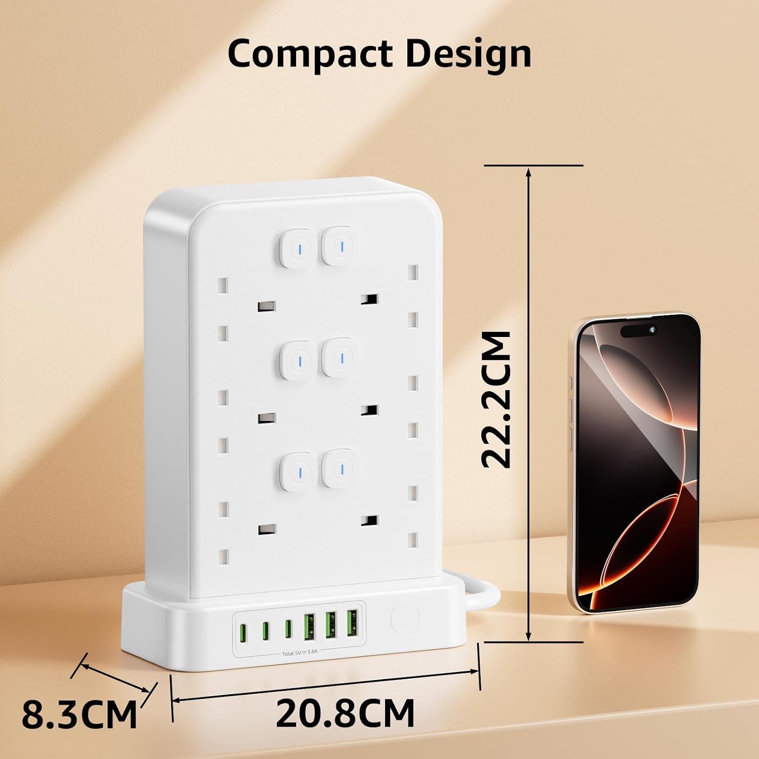 Thumbnail 5 de Tower Extension Lead with USB Slots: 12-Way, 2m UK Power Strip