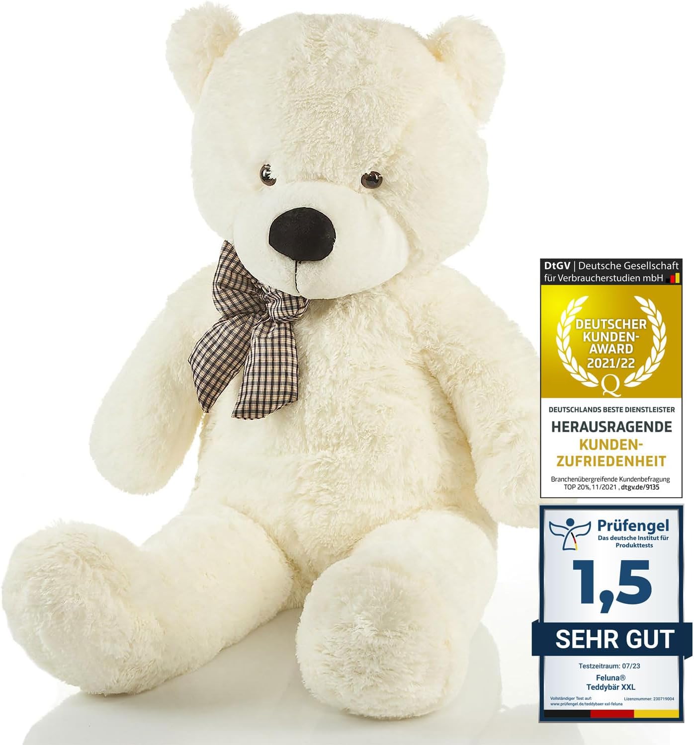 Detalle de Feluna Ours en peluche géant XXL 120 cm blanc avec nœud – Peluche douce lavable
