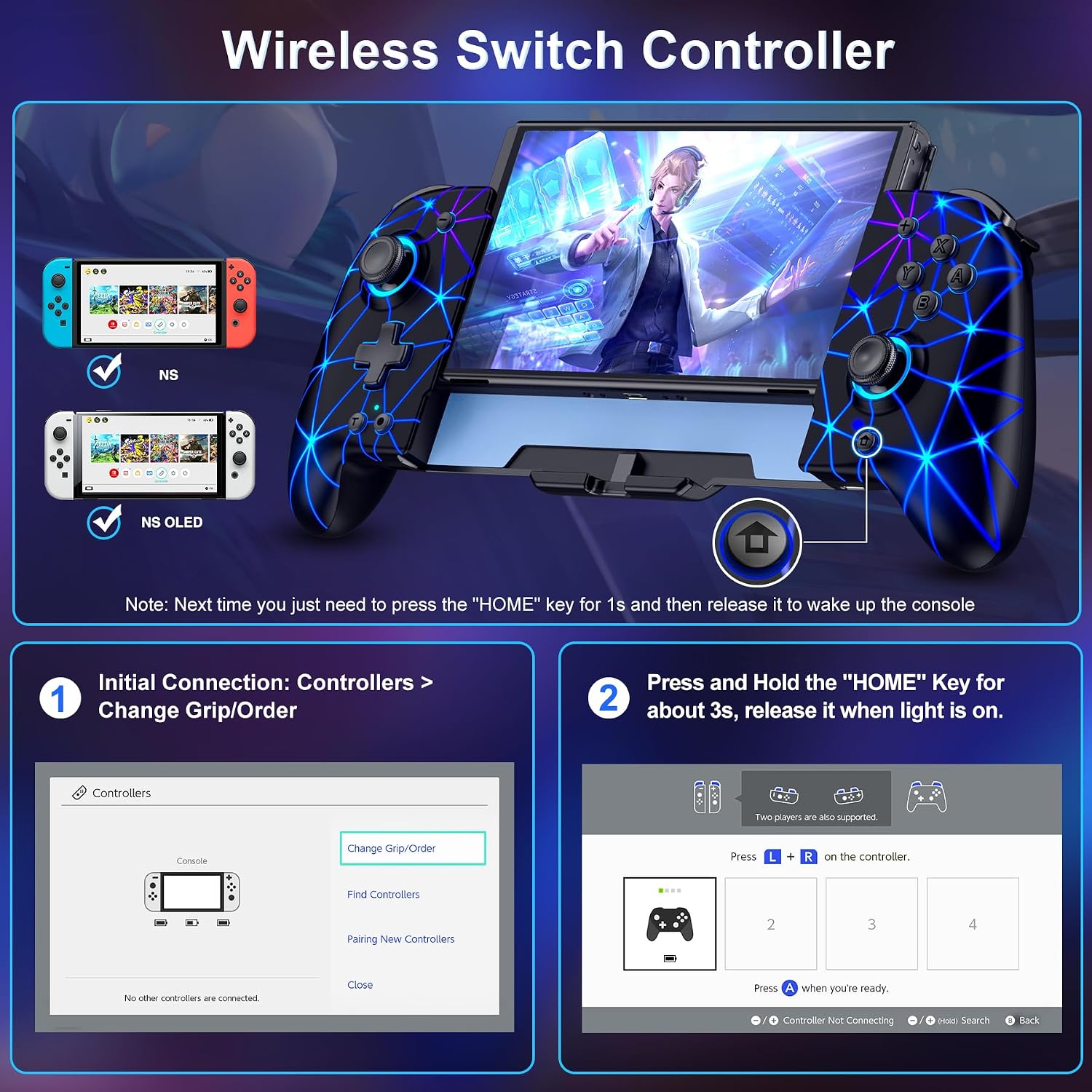 Detalle de GAMSINGY Handheld Switch Controller mit 4 Spiele-Karten-Slots, programmierbaren Tasten und Turbo/Vibration