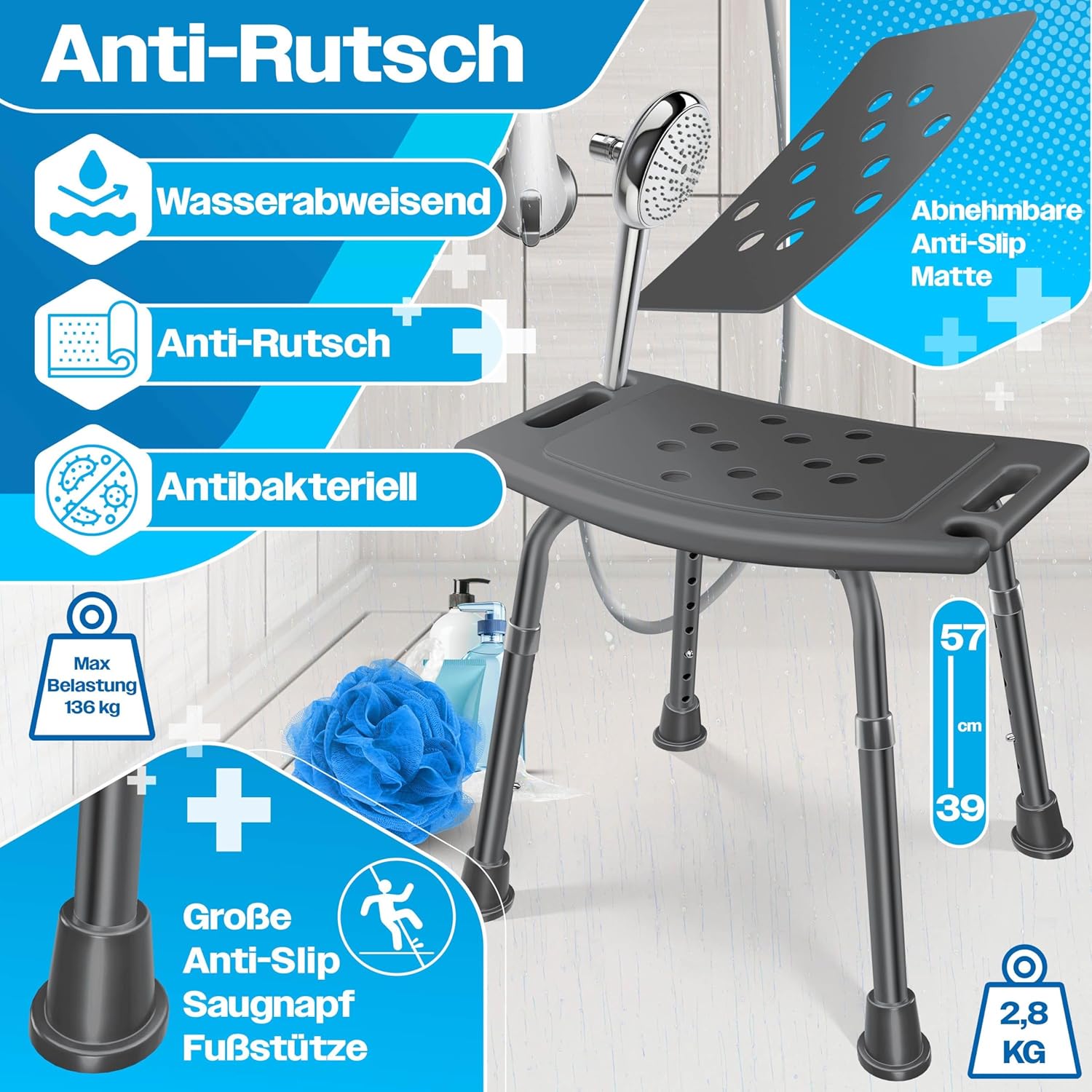 Thumbnail 1 de KESSER® Duschhocker höhenverstellbar – sicherer, leichter Badhocker mit Anti-Rutsch‑Features