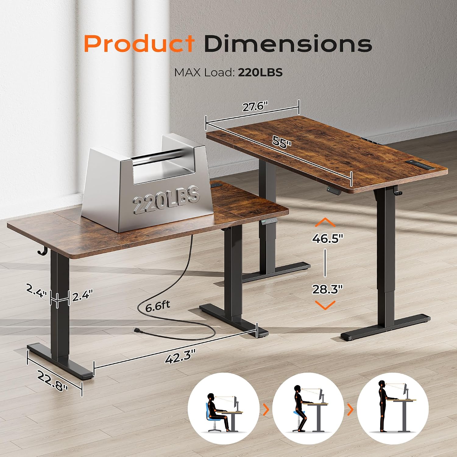 Detalle de Huuger 55 x 27.6 Large Electric Standing Desk with 4 Outlets, USB-C & Height Presets – Rustic Brown