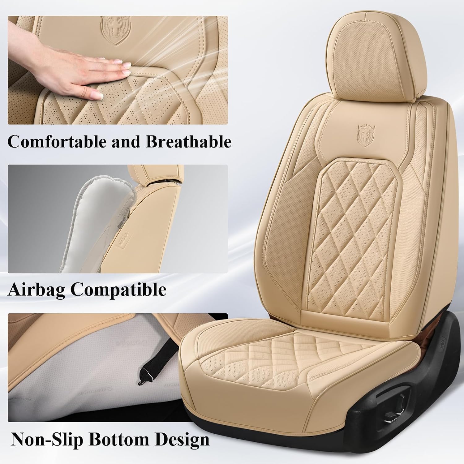 Detalle de Coverado Front Seat Covers (Beige) — Luxury Faux Leather Waterproof Car Seat Protectors for Front Seats